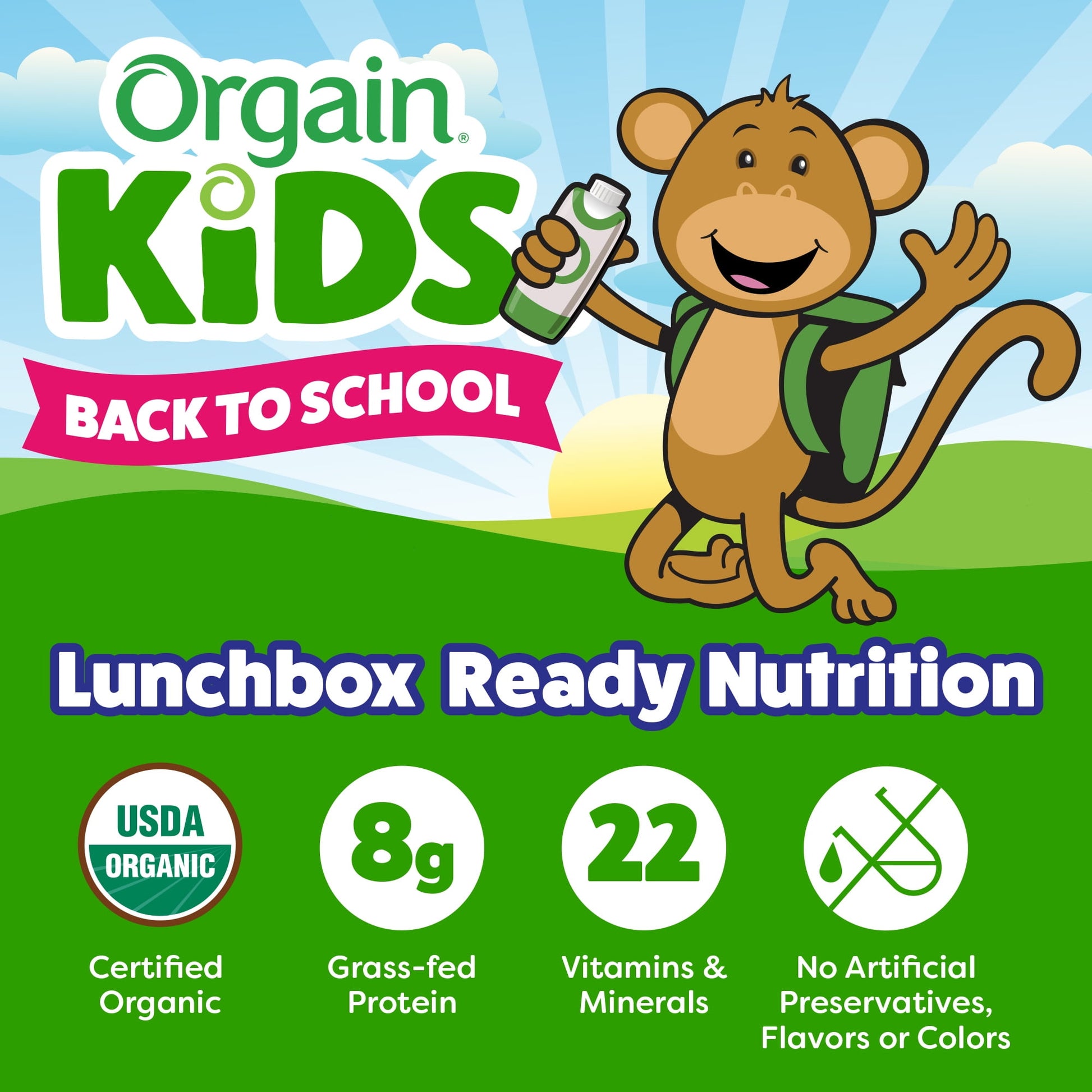 A monkey character with a backpack holding a drink bottle, with text and nutritional icons