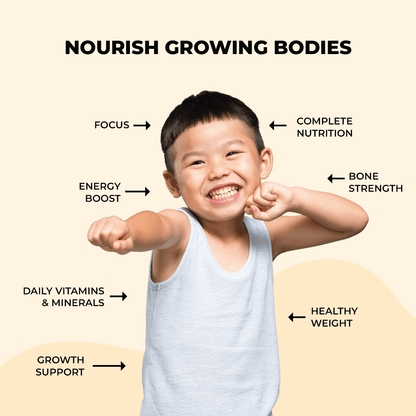 A smiling child with text highlighting aspects of nourishing growing bodies and healthy development