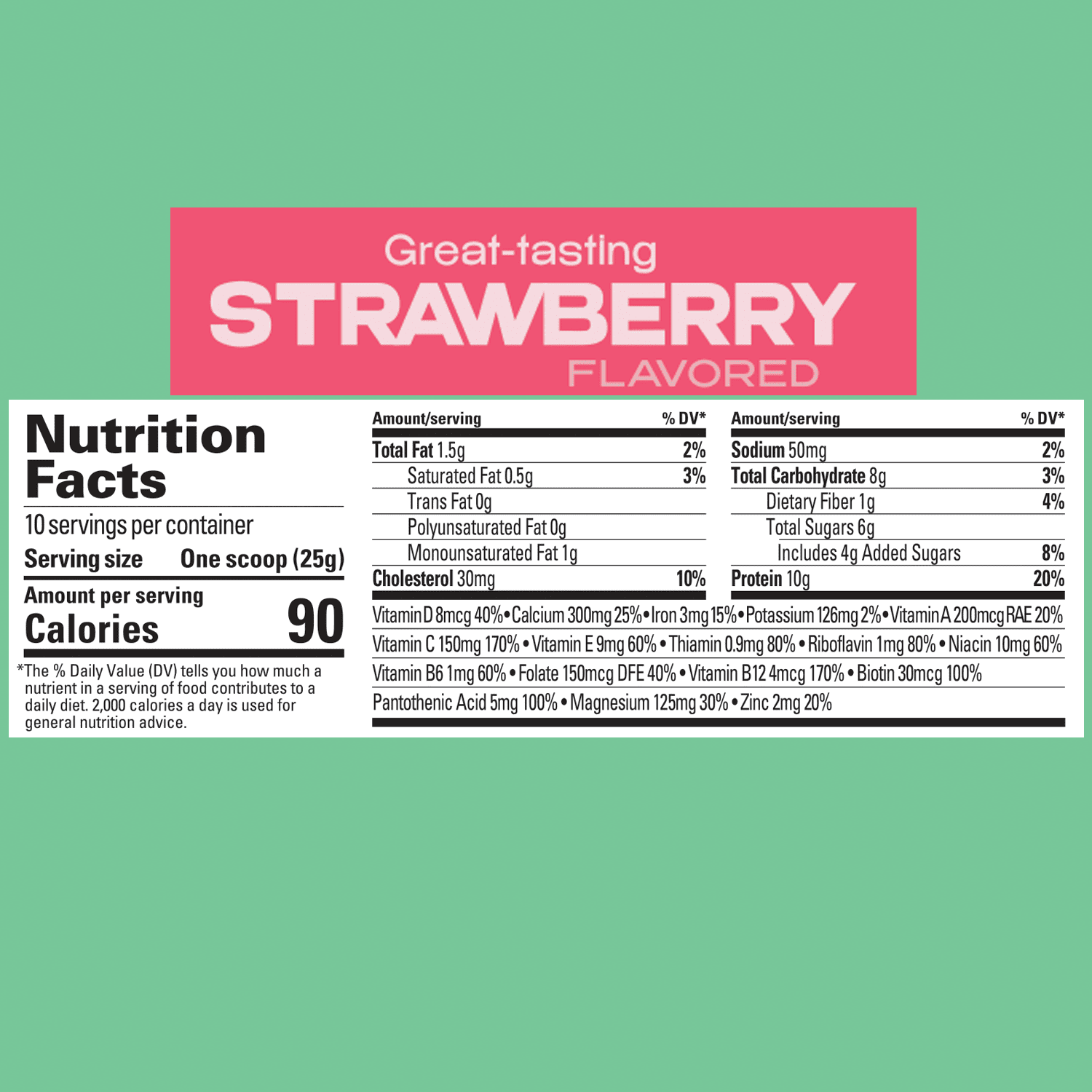 Strawberry-flavored Protien shake mix powder nutrition facts label, detailing calorie count and nutrient breakdown