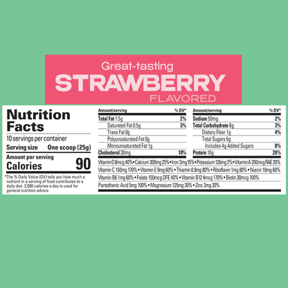Strawberry-flavored Protien shake mix powder nutrition facts label, detailing calorie count and nutrient breakdown