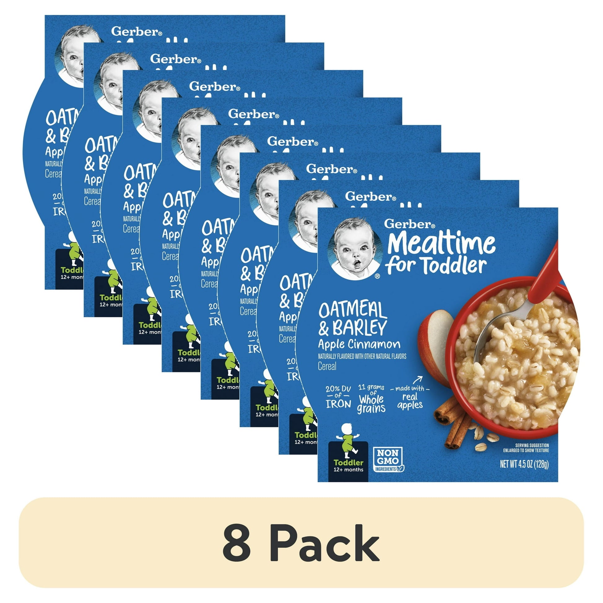 8 pack Mealtime for Toddler Oatmeal & Barley Apple Cinnamon cereal package on a white background