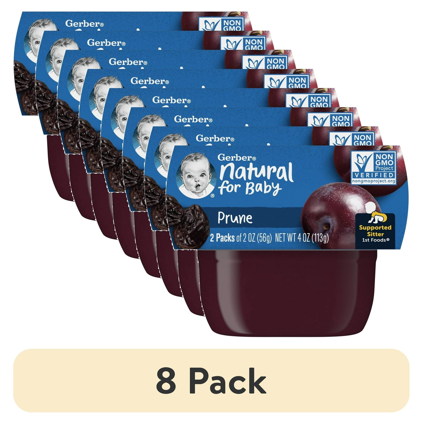 8 pack Natural for Baby prune puree packaging with a blue label and baby image.