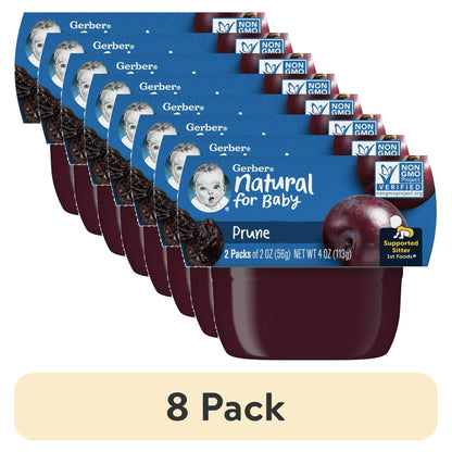 8 pack Natural for Baby prune puree packaging with a blue label and baby image.