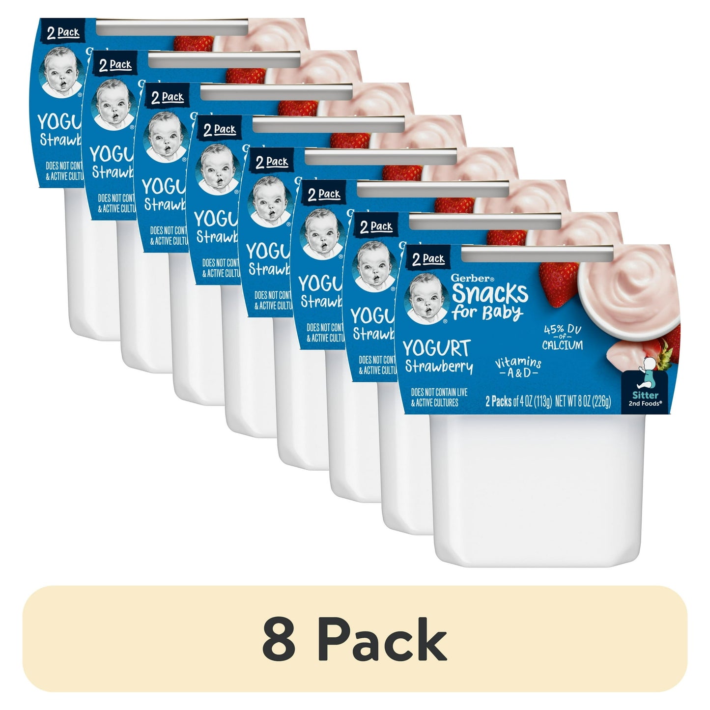 8 pack strawberry yogurt packaging with blue labels on a white background