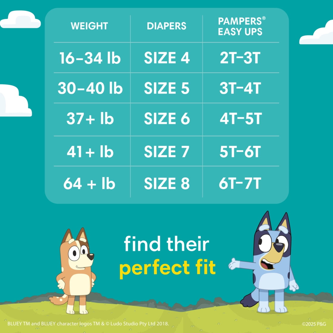 A chart displaying weight-based sizing for training pants, featuring two cartoon dog characters at the bottom