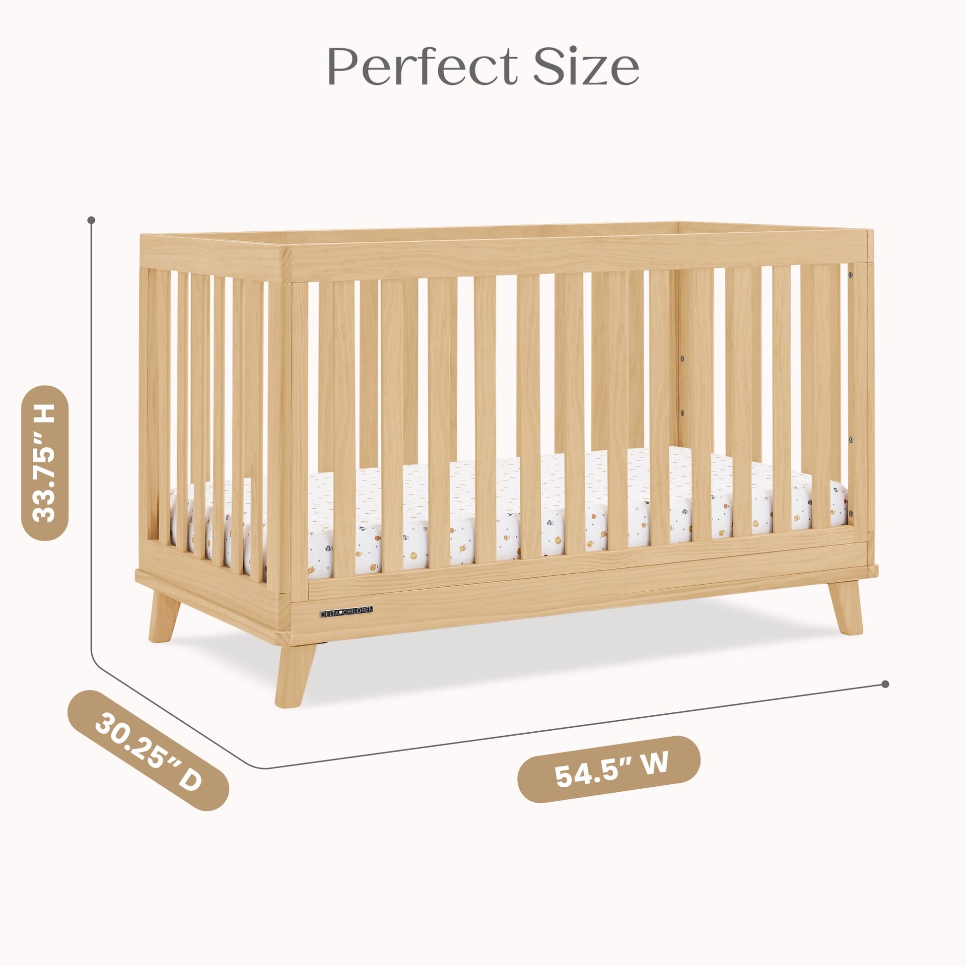 A light-colored wooden baby crib shown with its height, depth, and width dimensions labeled