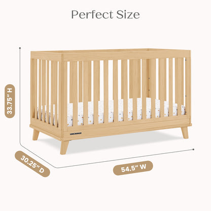 A light-colored wooden baby crib shown with its height, depth, and width dimensions labeled