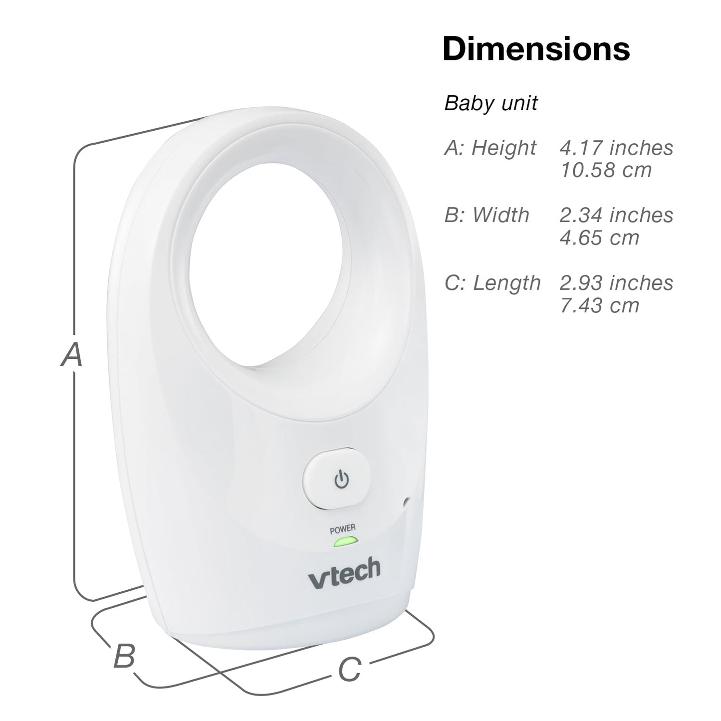 White baby monitor unit with labeled dimensions for height, width, and length
