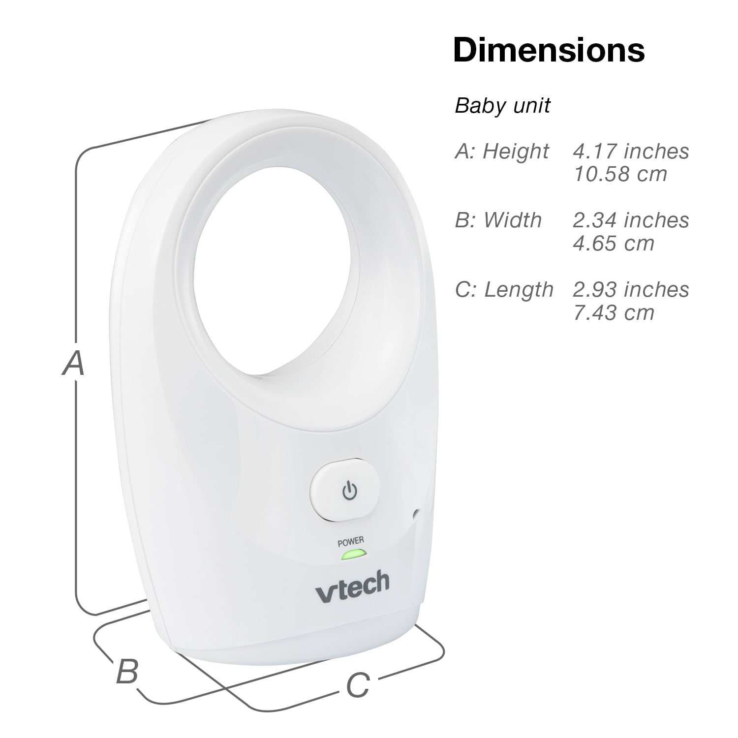 White baby monitor unit with labeled dimensions for height, width, and length