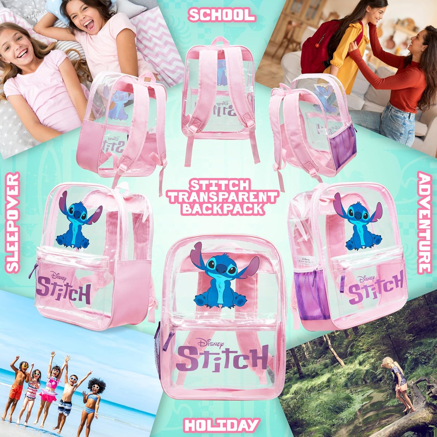 Transparent backpack featuring a fun character-inspired design with a stylish and playful look.
