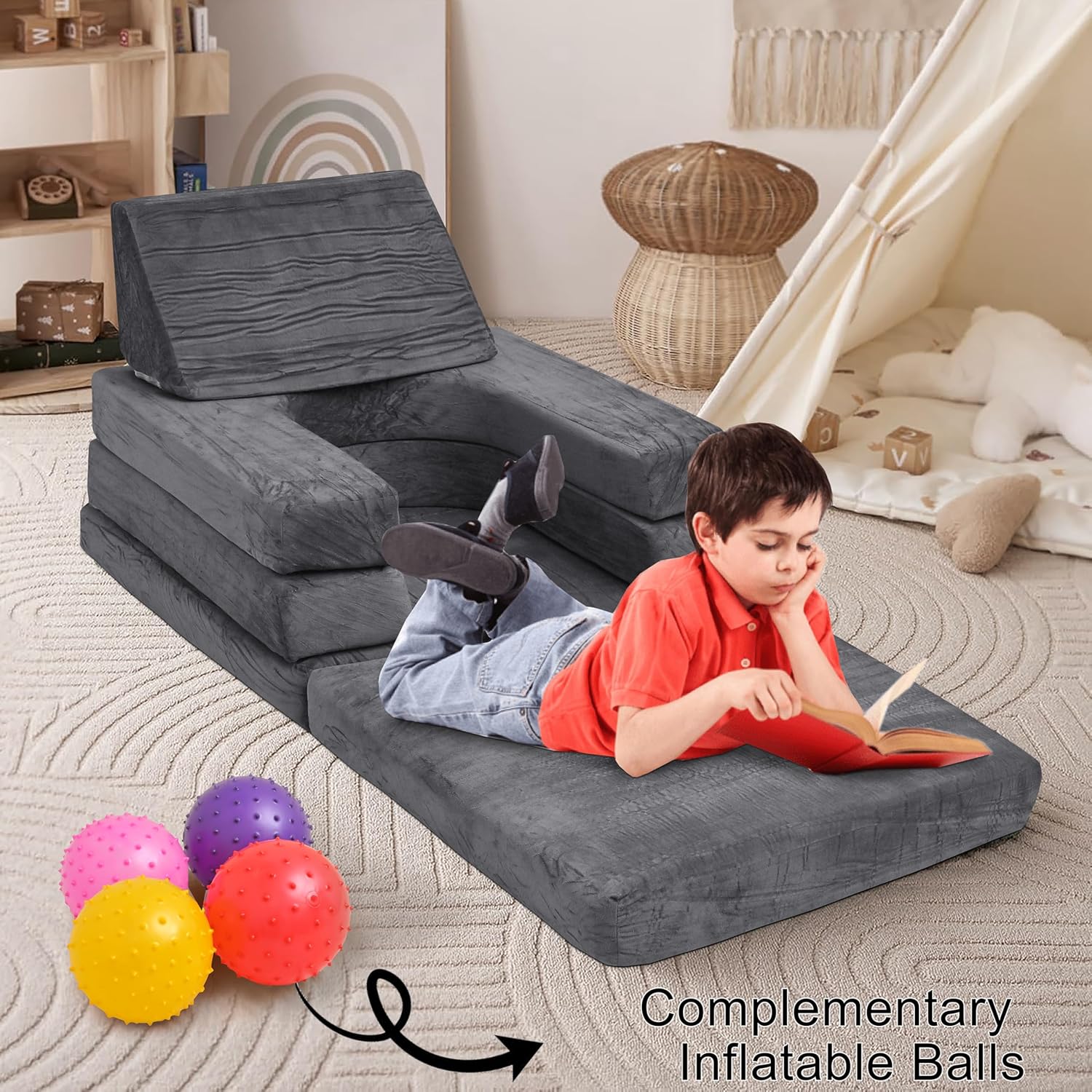 Image displaying a kid playing with a soft modular play furniture and text about it's details
