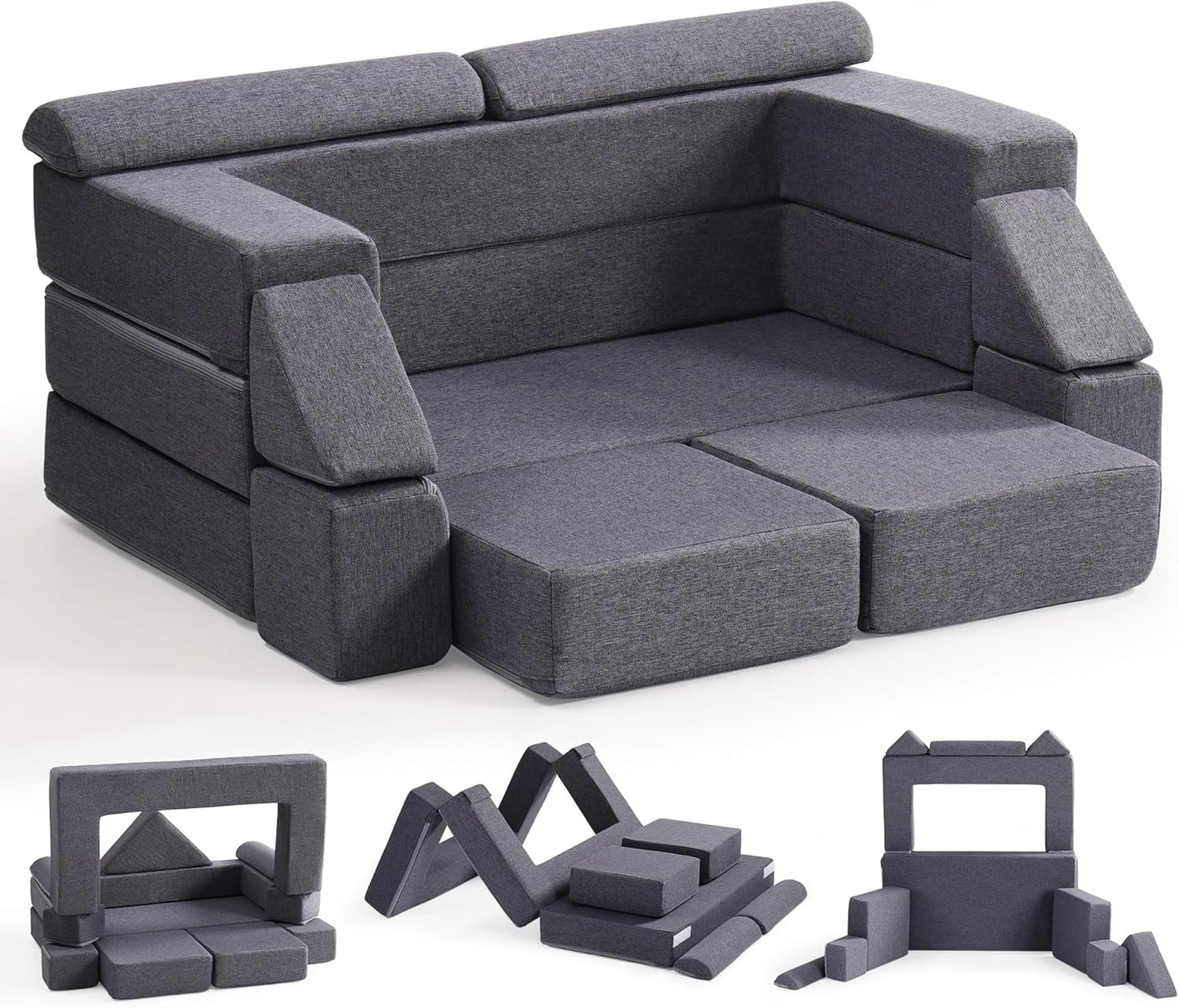 Soft modular play furniture for children, ideal for imaginative play, relaxing, and flexible indoor activities