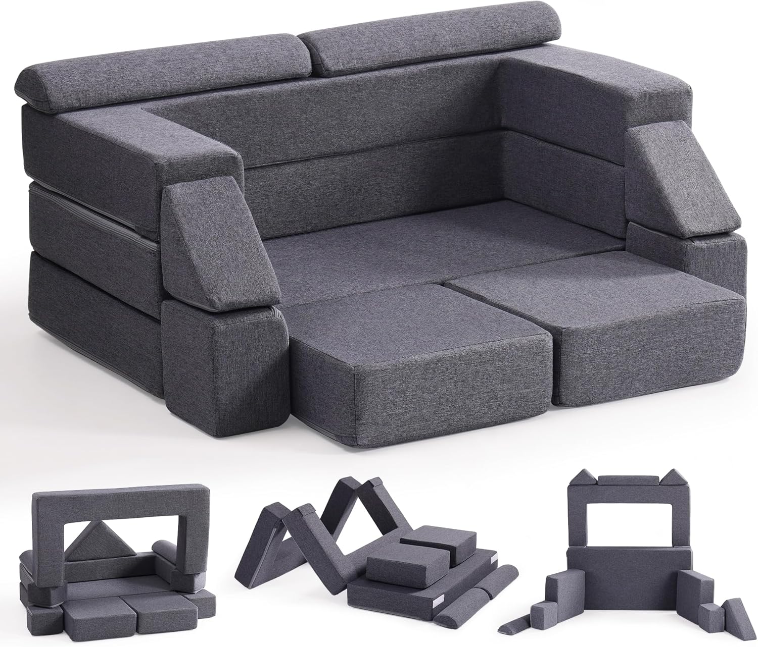 Soft modular play furniture for children, ideal for imaginative play, relaxing, and flexible indoor activities