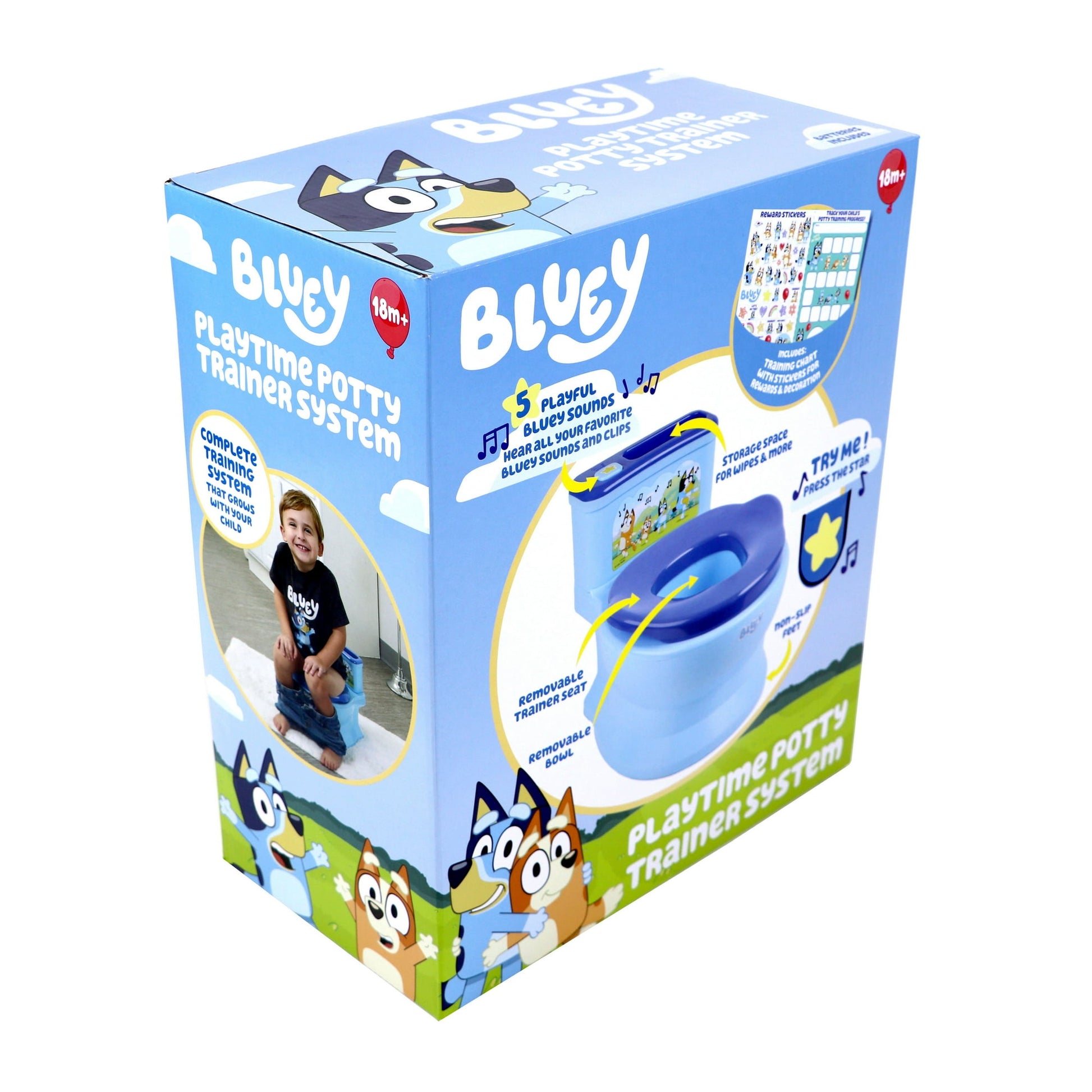 A packaged children's potty training system, featuring product illustrations and a child using the item on a box and white background