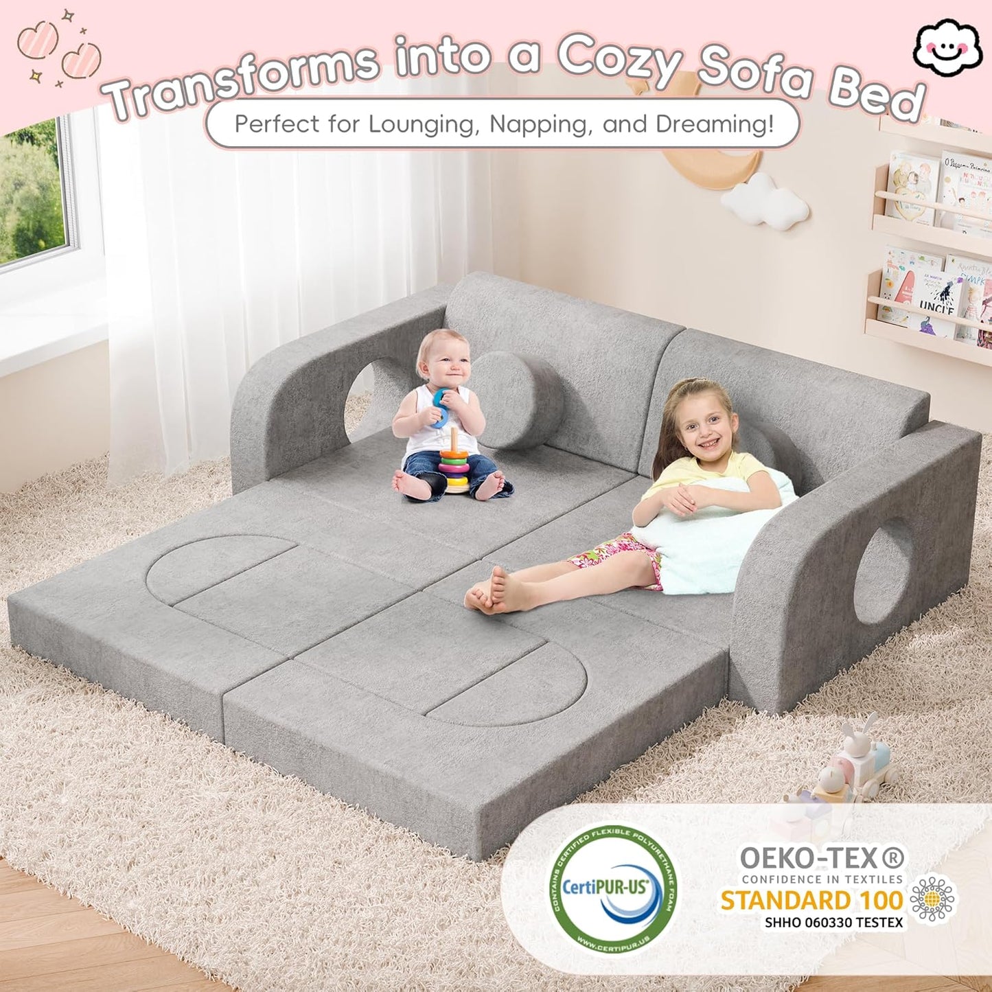 Image displaying a kid playing with a soft modular play furniture and text about it's details