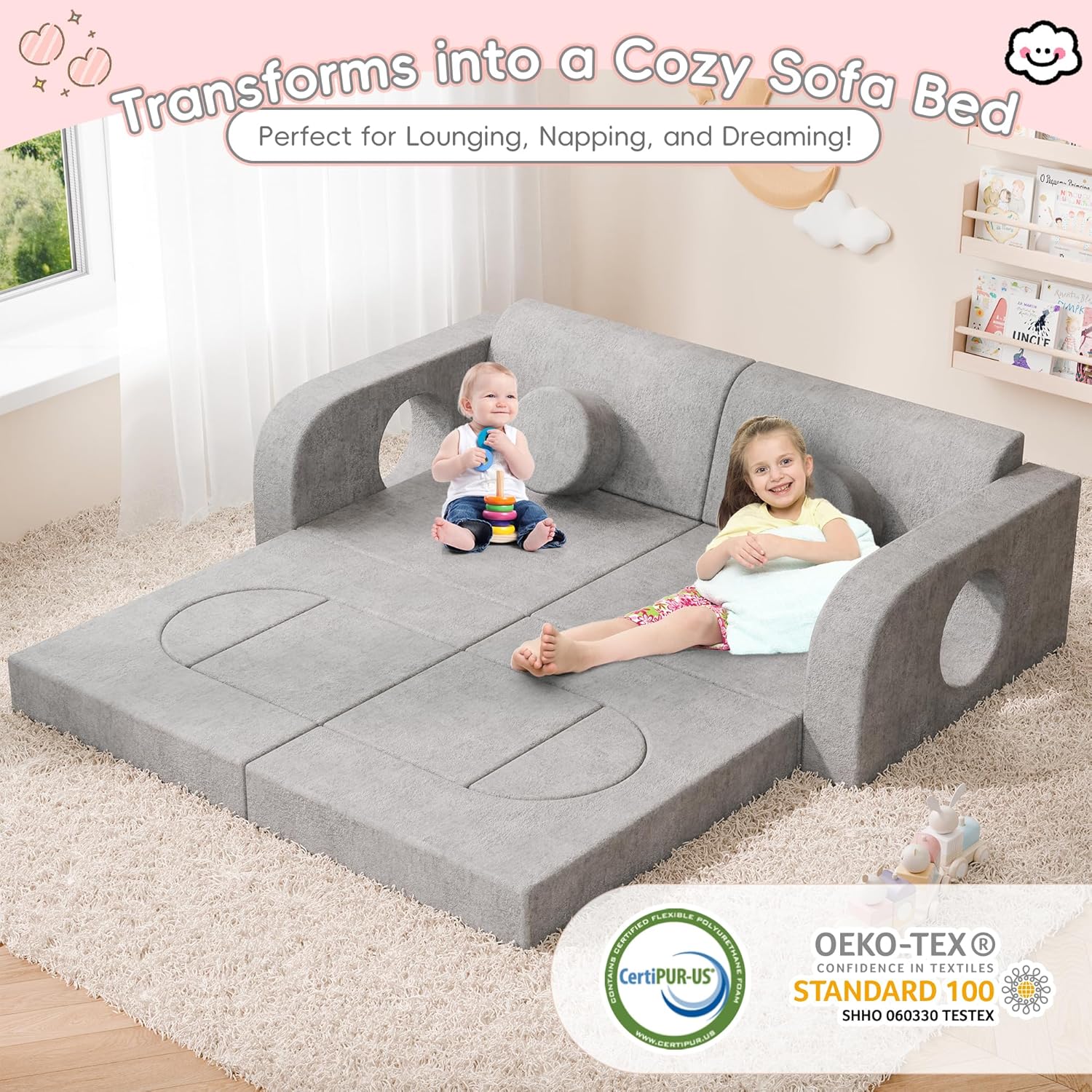 Image displaying a kid playing with a soft modular play furniture and text about it's details