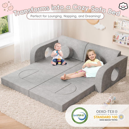 Image displaying a kid playing with a soft modular play furniture and text about it's details