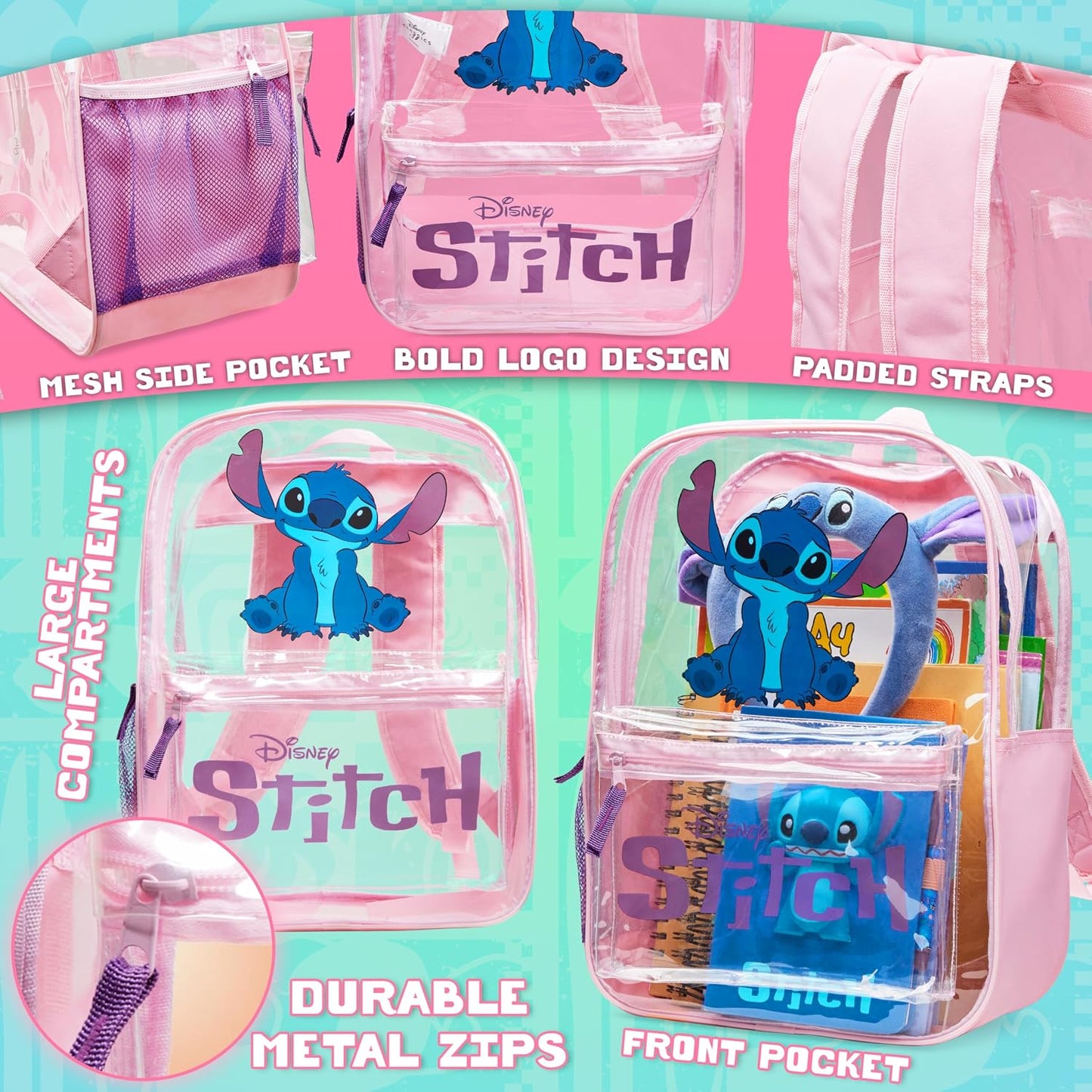 Transparent backpack featuring a fun character-inspired design with a stylish and playful look.