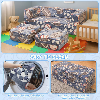 Image displaying a soft modular play furniture and text about it's details