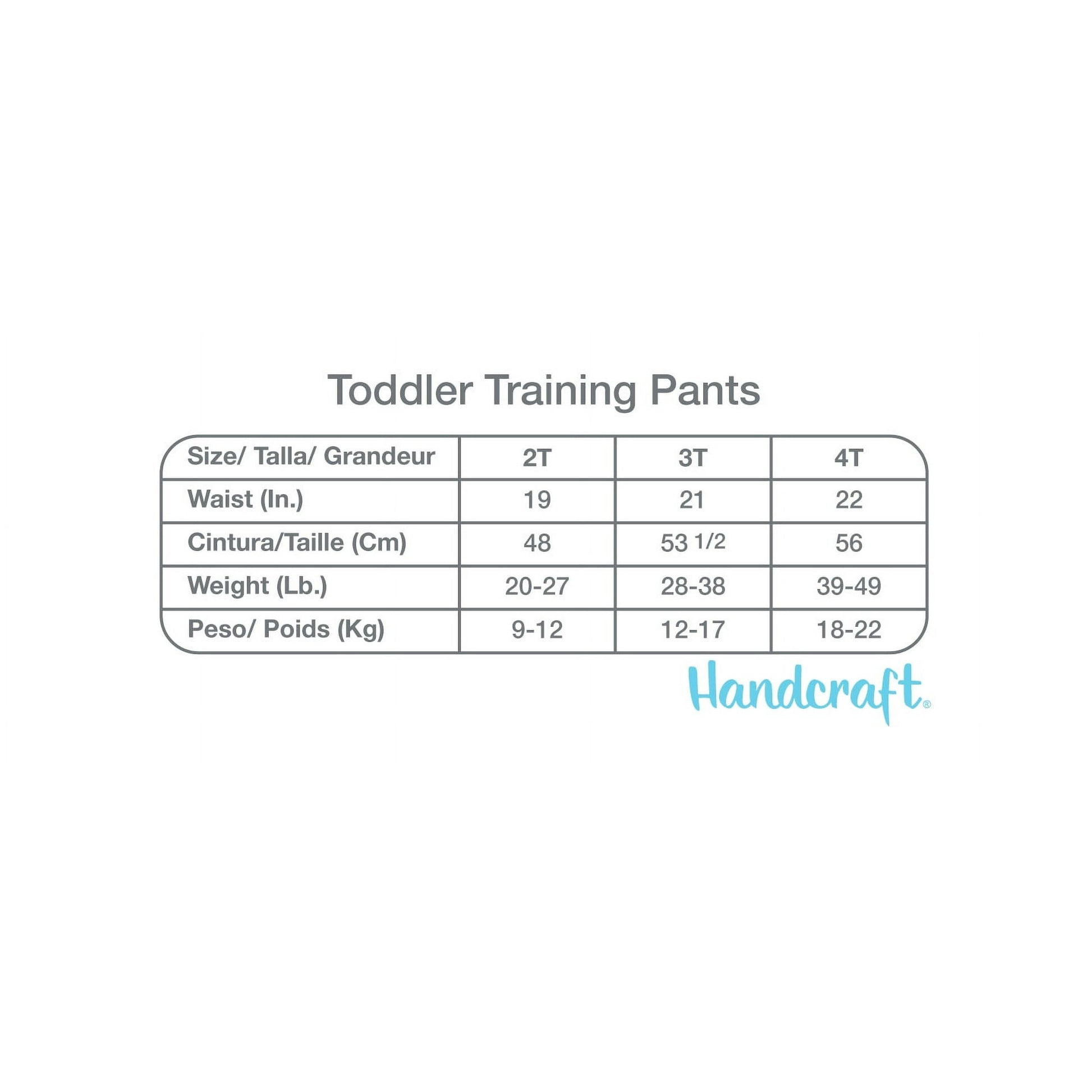 A white image displays a size chart for toddler training pants, detailing waist and weight measurements