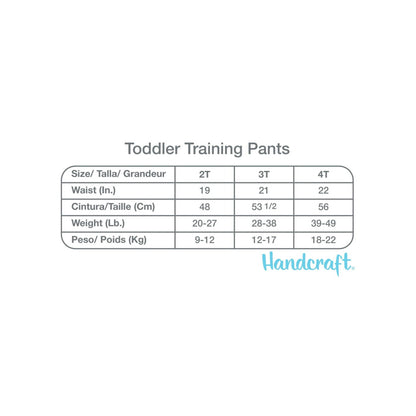 A white image displays a size chart for toddler training pants, detailing waist and weight measurements