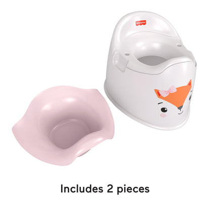 White potty chair with fox face decal and pink removable bowl, text "Includes 2 pieces" centered at bottom