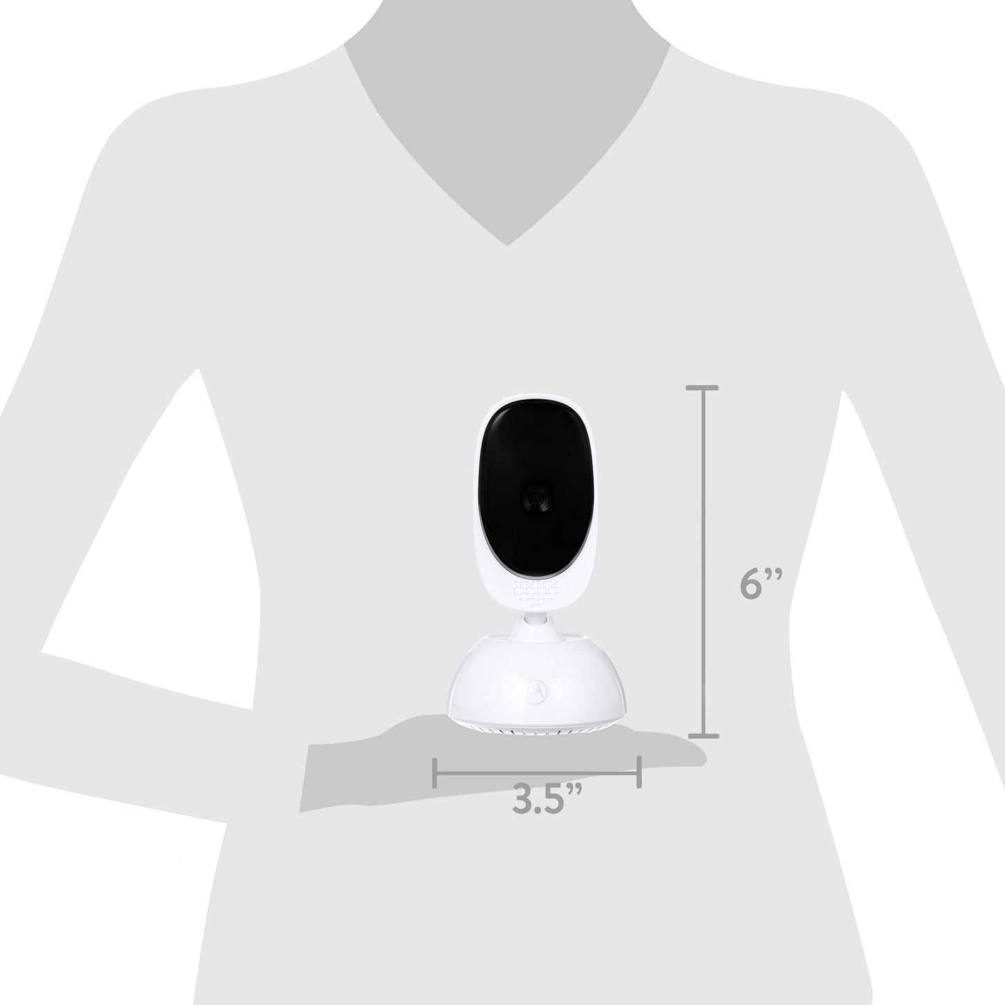 A white baby monitor camera with dimensions shown, held in a person's hand