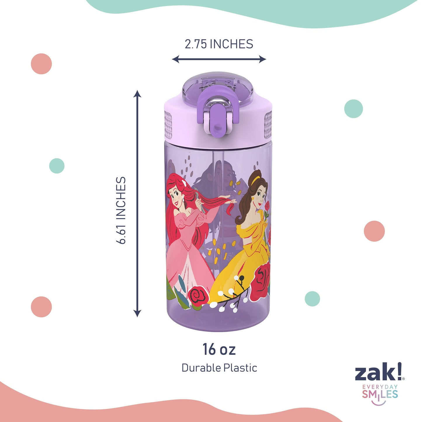 Zak Designs Kids Straw Water Bottle, Durable Plastic Park Bottle with Easy-Open Locking Spout Cover for Travel, Built in Carry Handle