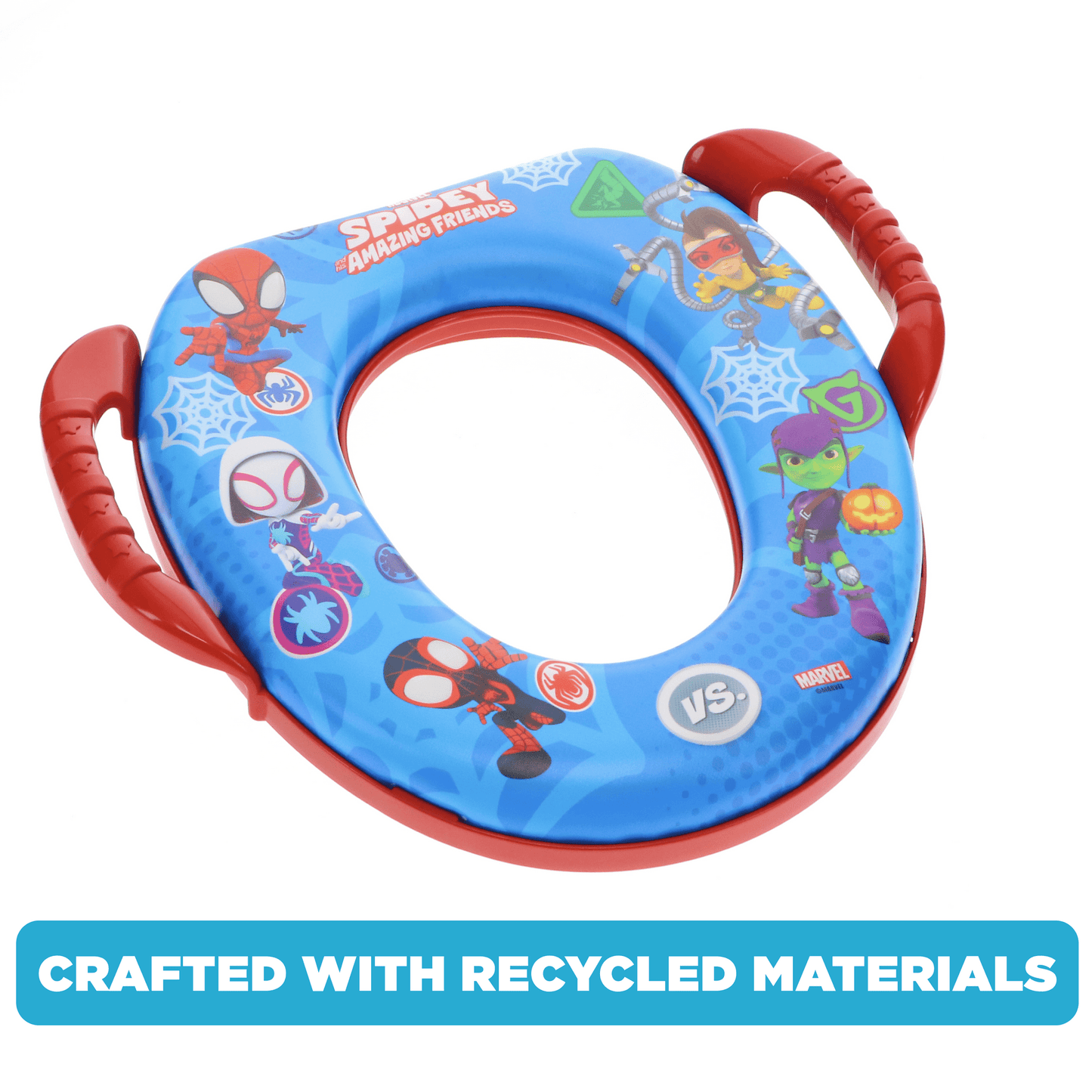 A blue and red child's toilet training seat with cartoon character illustrations and side handles on a white background