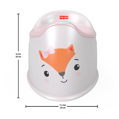 White and pink potty chair with fox face design, displaying dimensions 9.4 in and 11.4 in