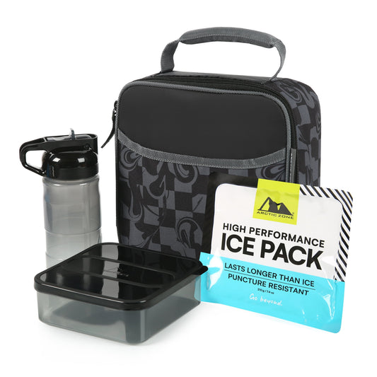 Insulated lunch bag set with matching meal containers and reusable drink bottle for everyday use.