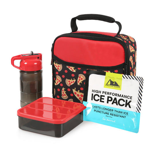Insulated lunch bag set with matching meal containers and reusable drink bottle for everyday use.