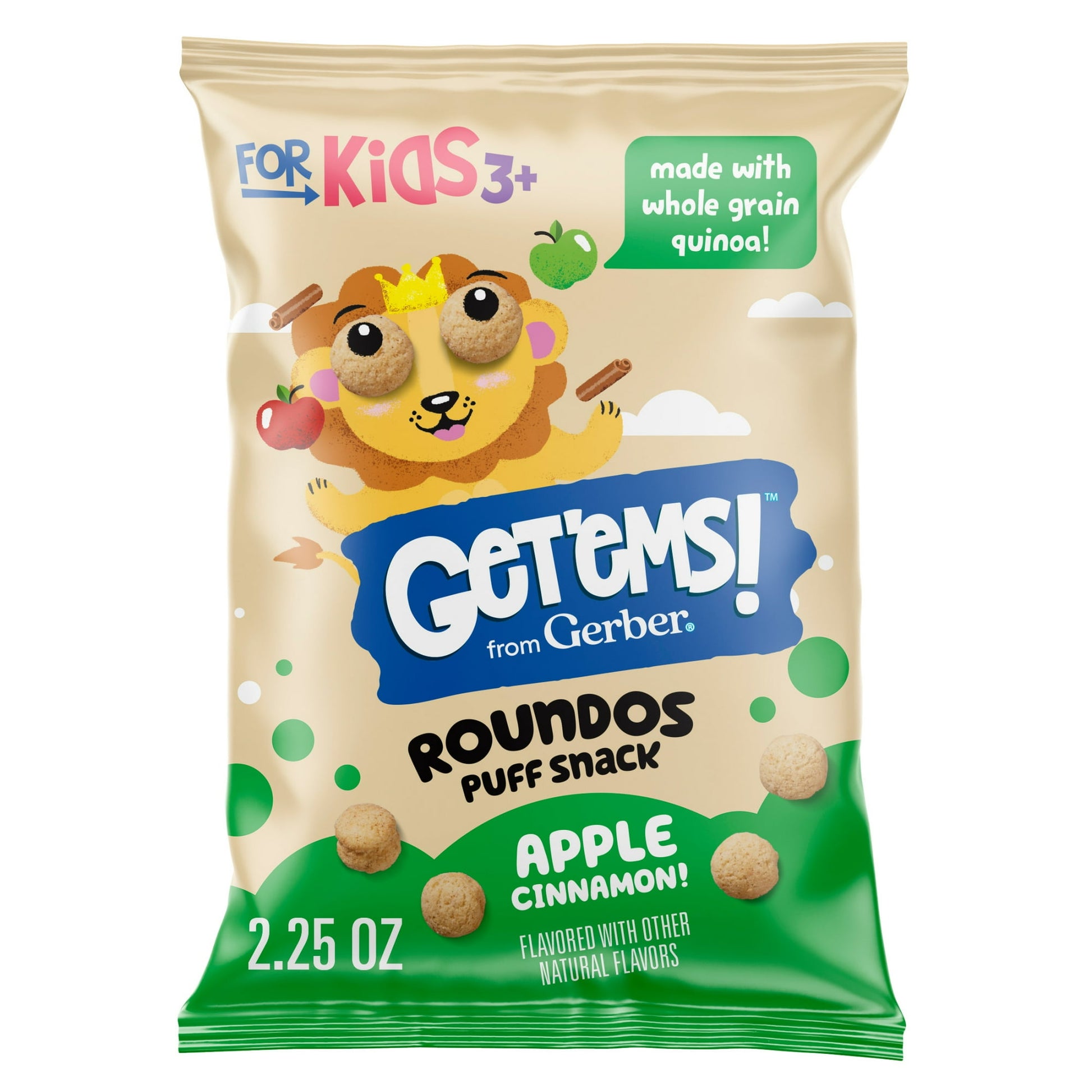 Apple cinnamon puffed snacks for kids, 2.25 oz bag – light and crunchy round snacks made with wholesome ingredients.