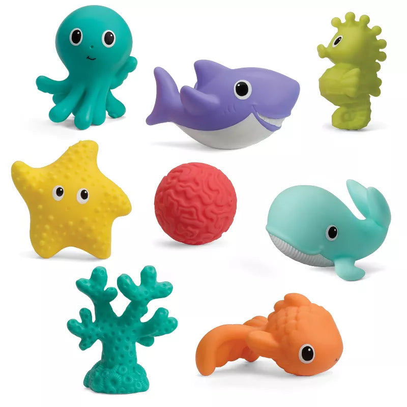 Aquarium Bath Squirters, an 8-piece set of colorful sea life-themed bath toys. 