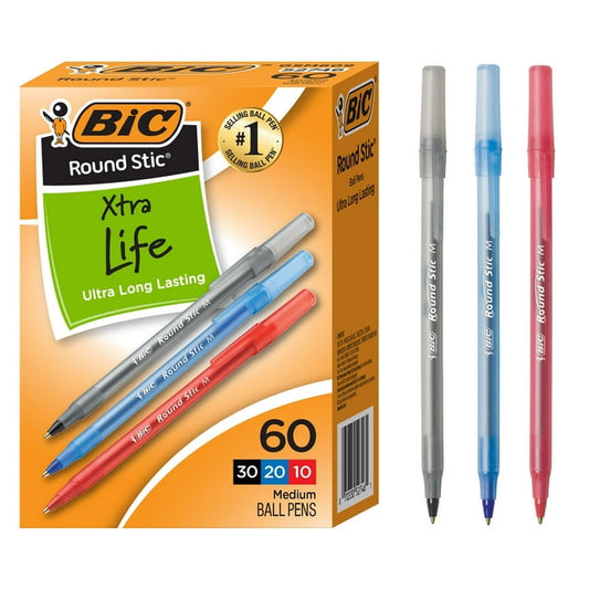 BIC Round Stic Xtra Life Ballpoint Pen, Medium Point, 1.0 mm, Black Ink, 60 Count
