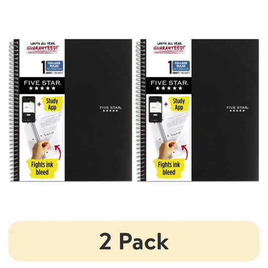 Five Star 1 Subject College Ruled Notebook Plus Study App, 8.5" x 11" , Black, Poly, Spiral, 100 Sheets