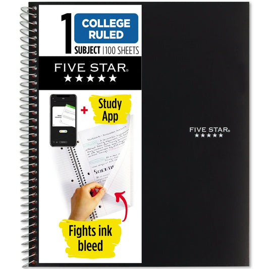 Five Star 1 Subject College Ruled Notebook Plus Study App, 8.5" x 11" , Black, Poly, Spiral, 100 Sheets