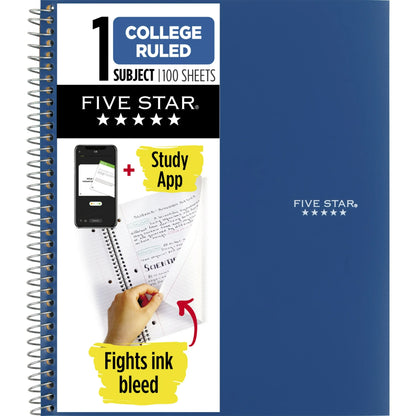 Five Star 1 Subject College Ruled Notebook Plus Study App, 8.5" x 11" , Black, Poly, Spiral, 100 Sheets