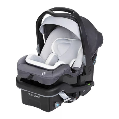 Baby car seat with black and gray design on a white background