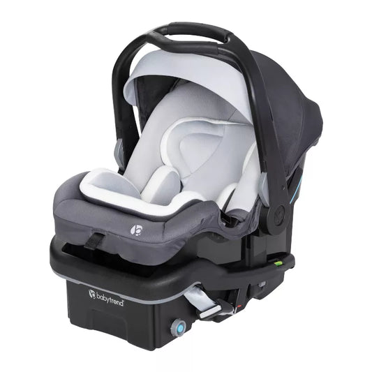 Baby car seat with black and gray design on a white background