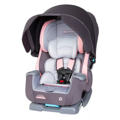 Baby car seat with pink and gray design on a white background