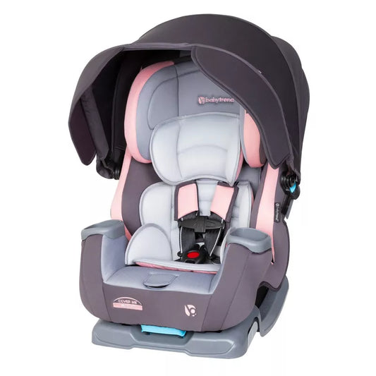 Baby car seat with pink and gray design on a white background