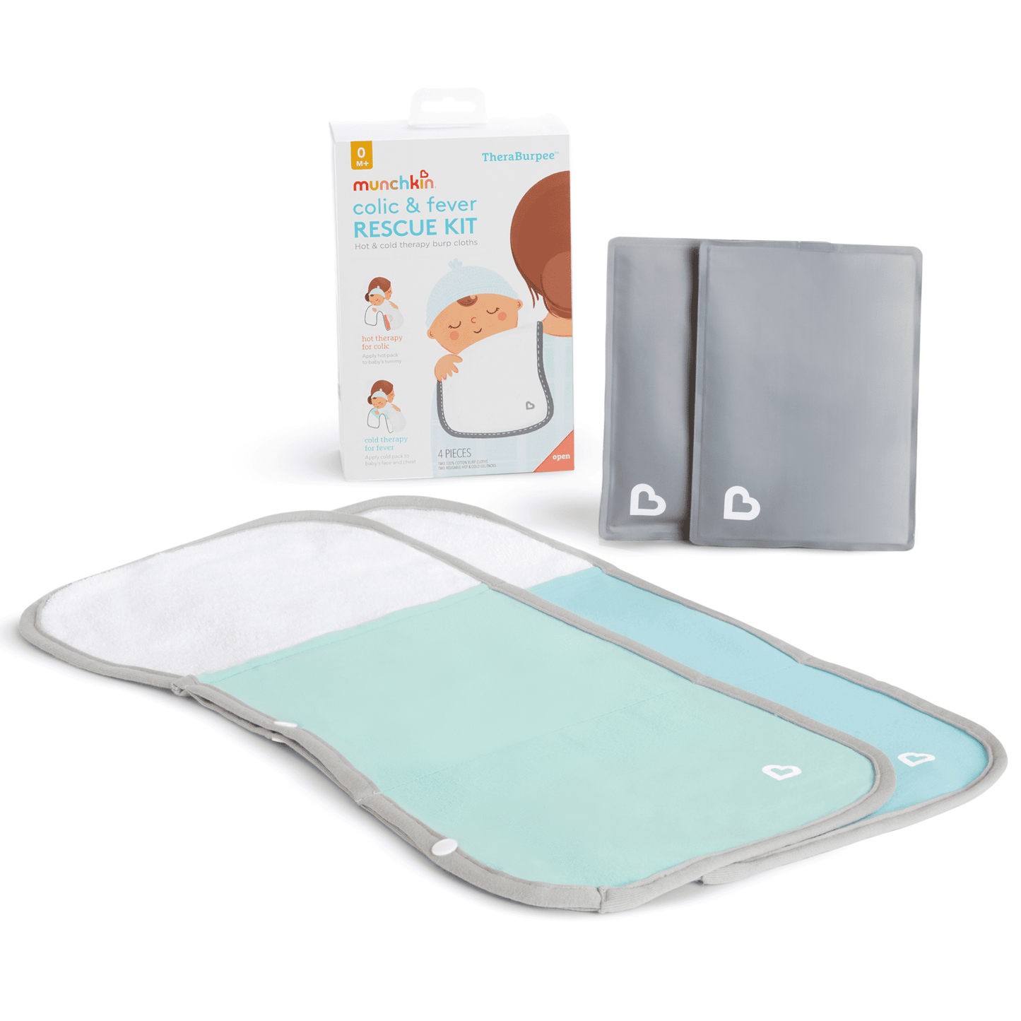 Baby colic and fever rescue kit with a mat and packaging on a white background