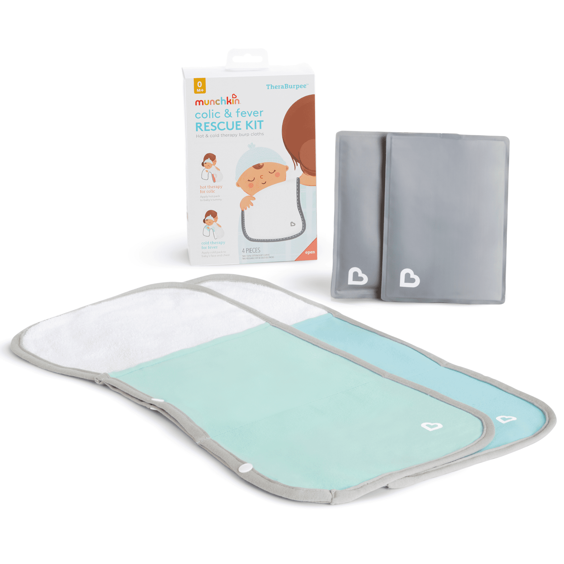 Baby colic and fever rescue kit with a mat and packaging on a white background
