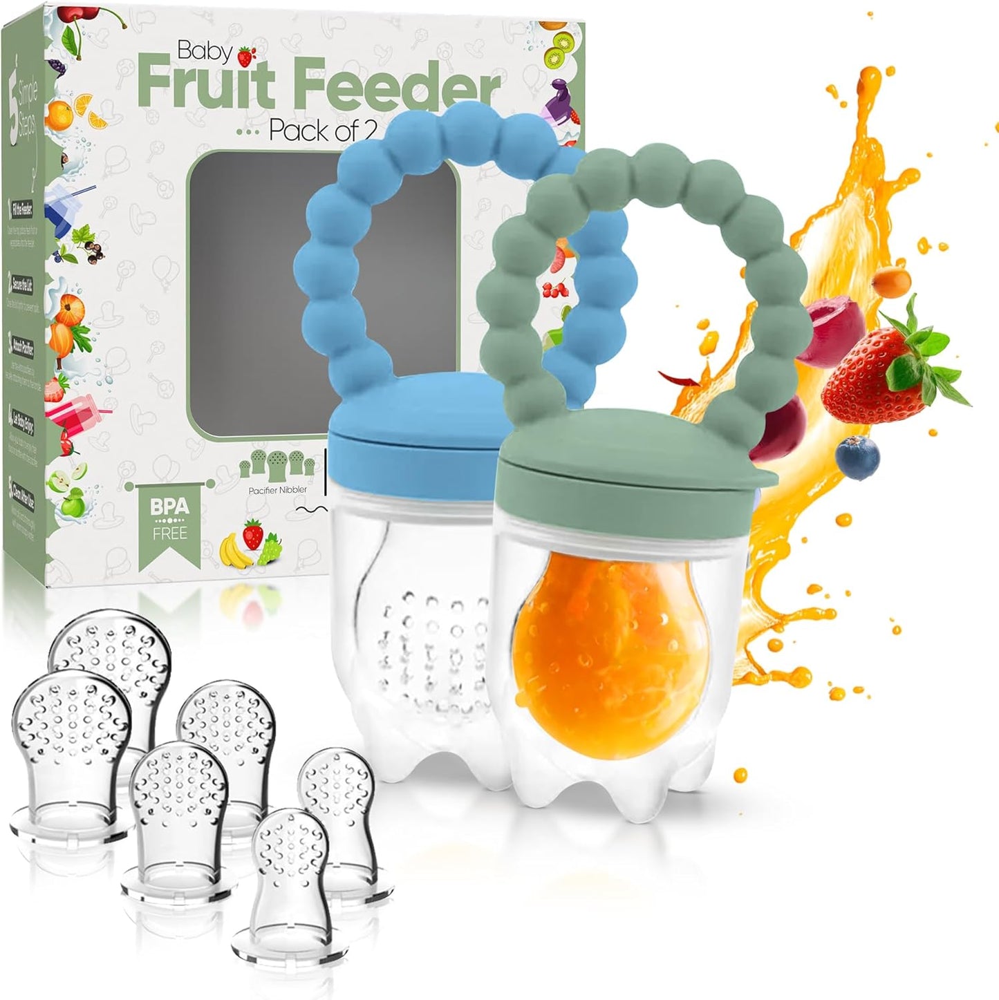 Baby fruit feeder with packaging and fruit illustration on a white background