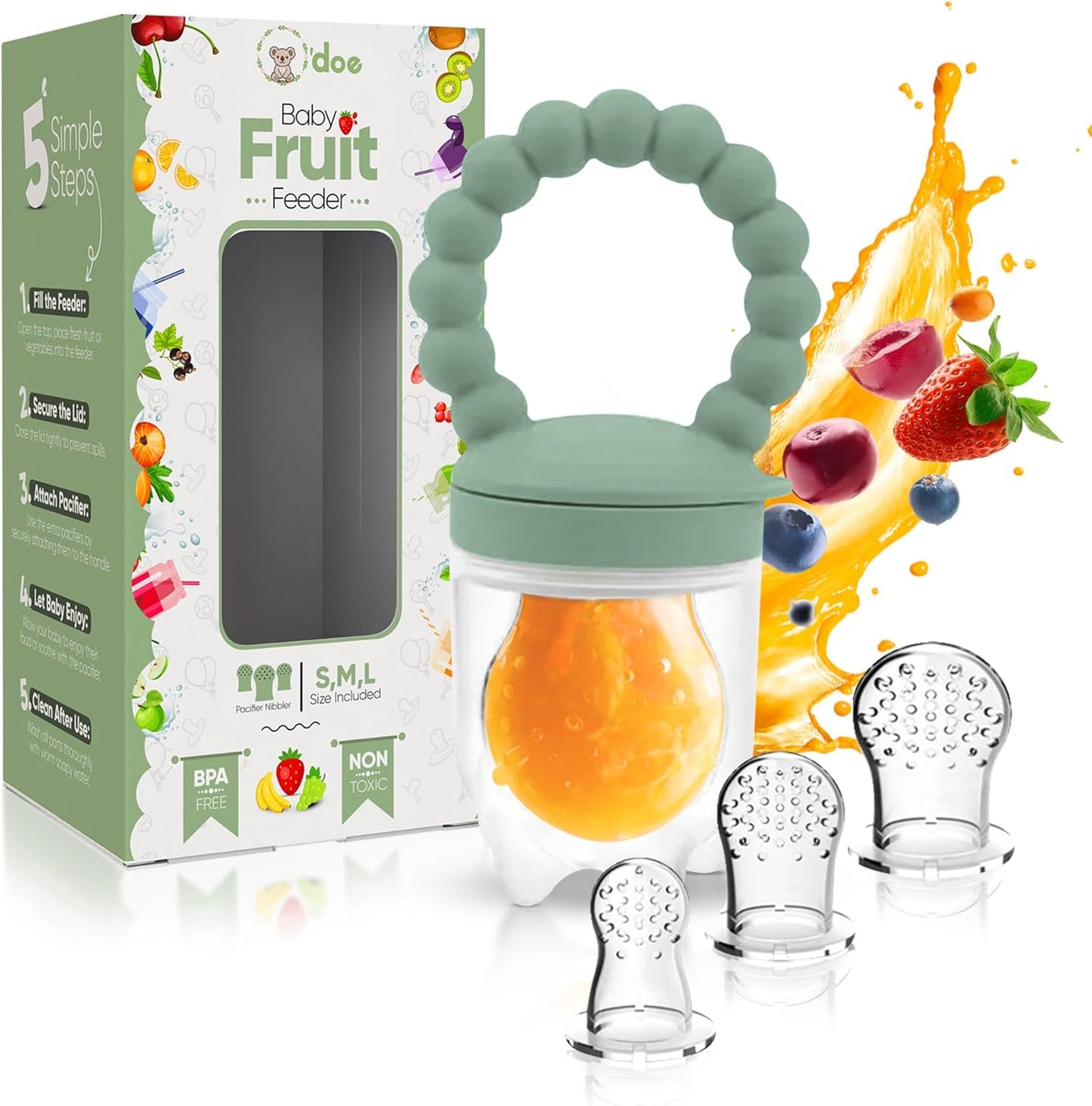 Baby fruit feeder with packaging and fruit illustration on a white background