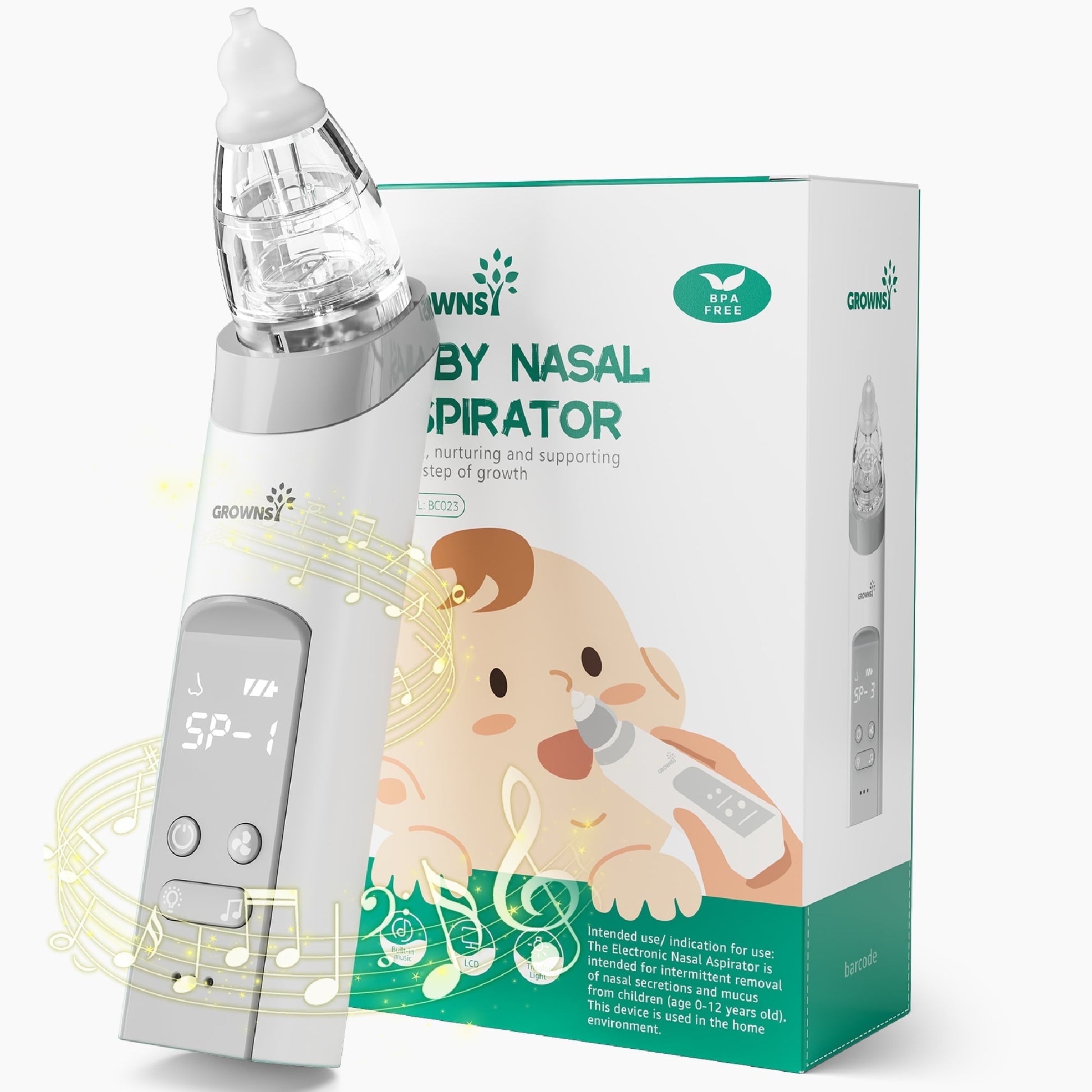 Baby nasal aspirator with packaging featuring a baby illustration on a white background