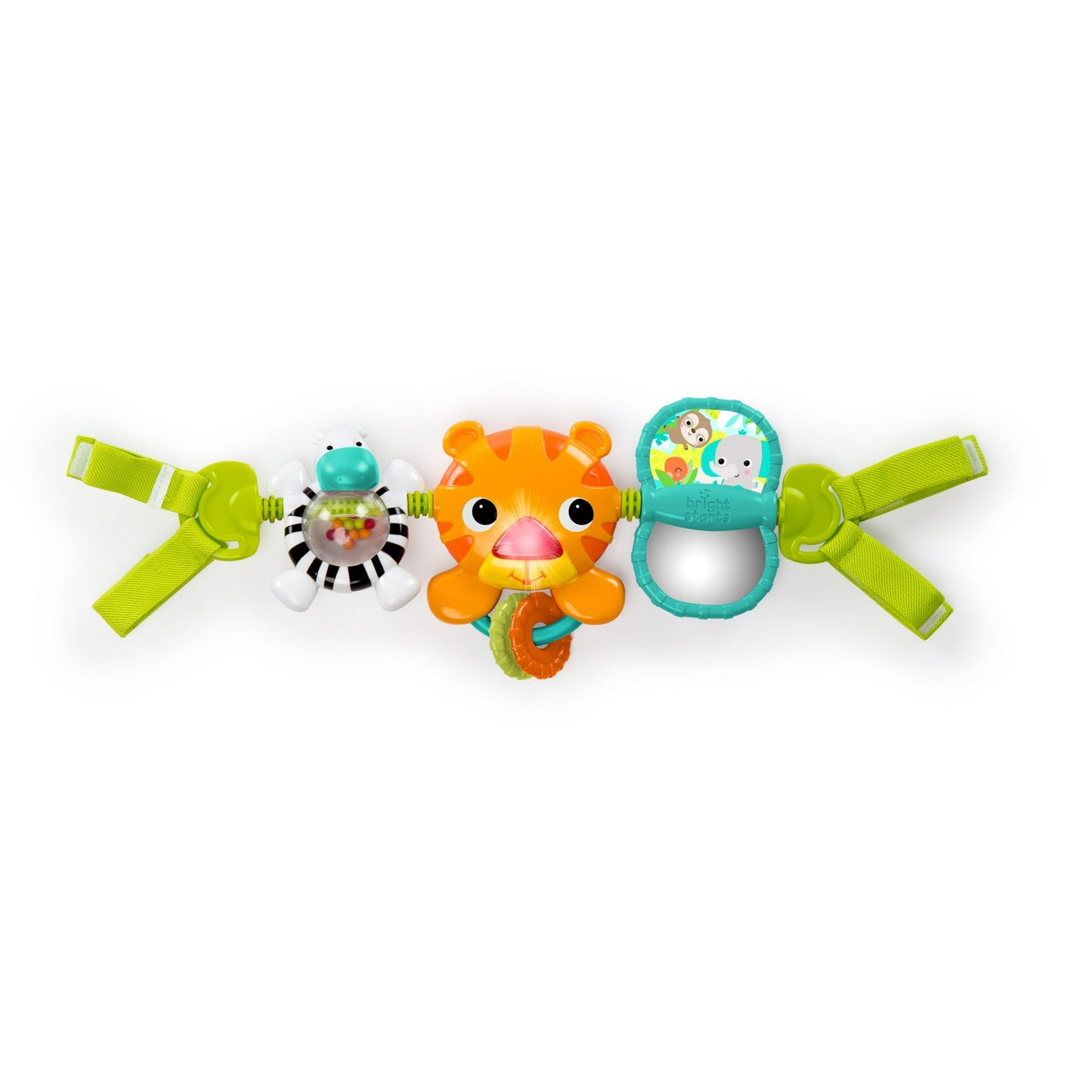 Baby toy with colorful clips and animal designs on a white background