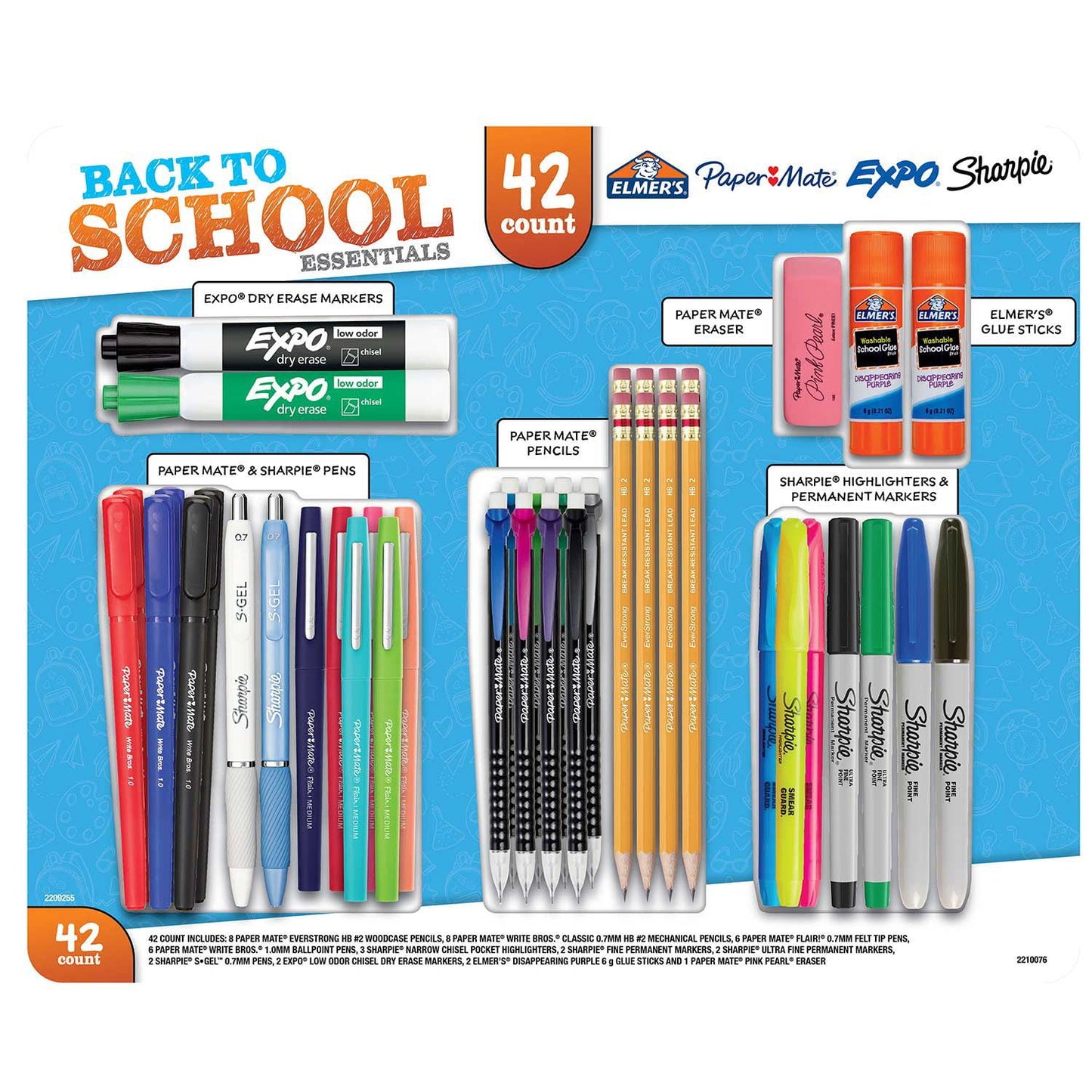 Back-to-school essentials kit with stationery items on a blue background