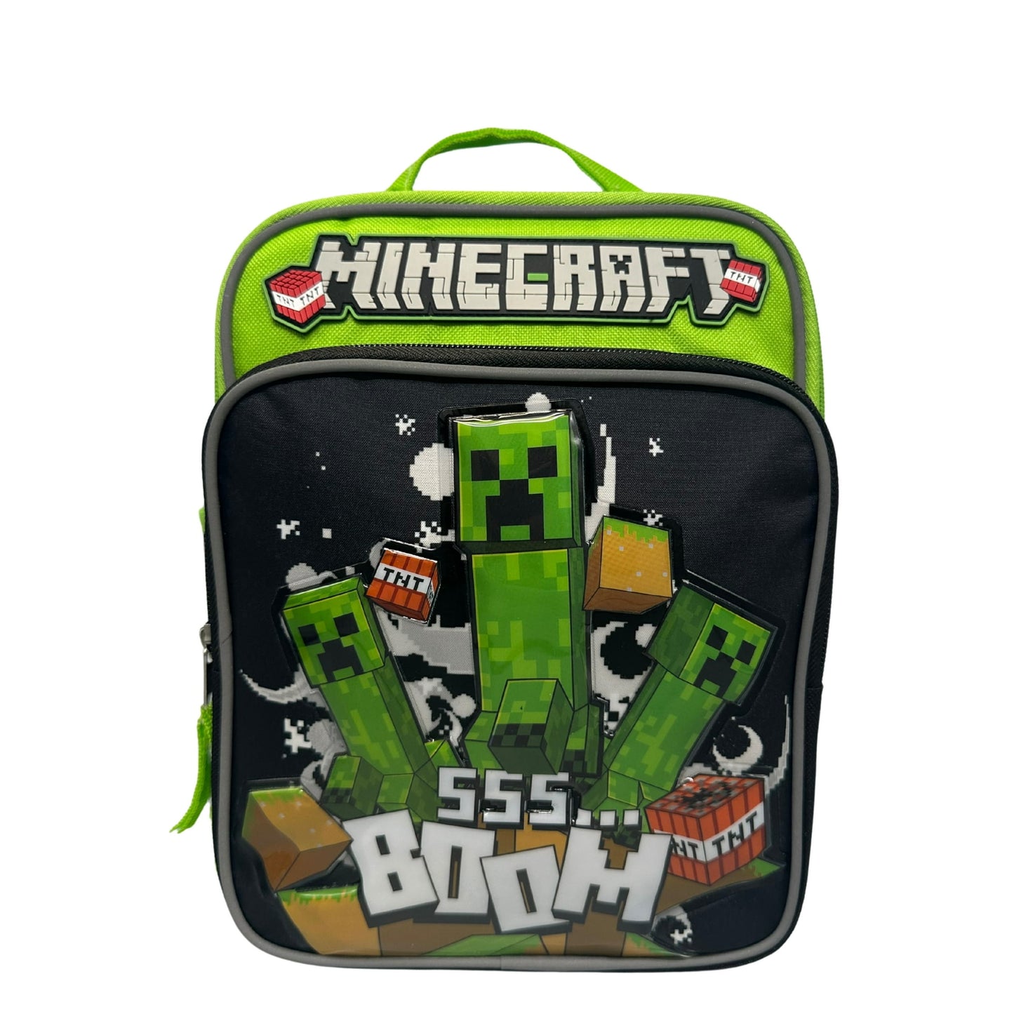 Backpack with Minecraft design featuring green characters and text on a black background